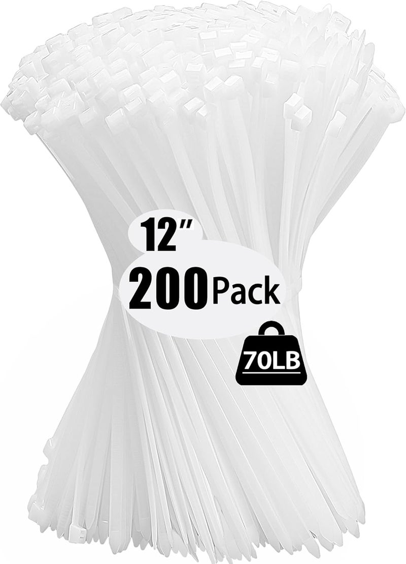 Colaolge 200 Pack Zip Wire Ties 12 Inch Cable Zip Ties Clear Tie Wraps with 70 Pounds Tensile Strength, Self-Locking Cable Ties, UV Resistant Thick Nylon Wire Ties for Indoor and Outdoor White - Image 1